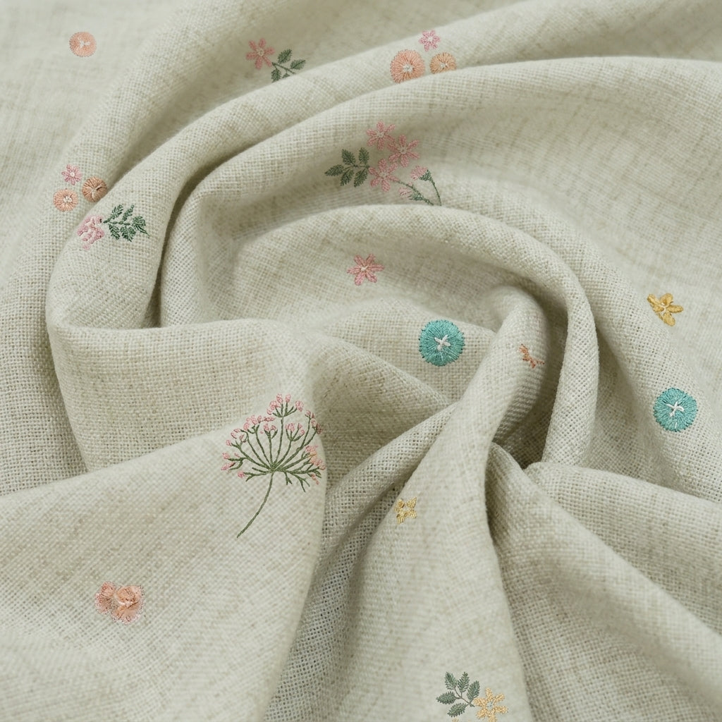 Swirled Embroidery Cream Embroidery Linen Fabric