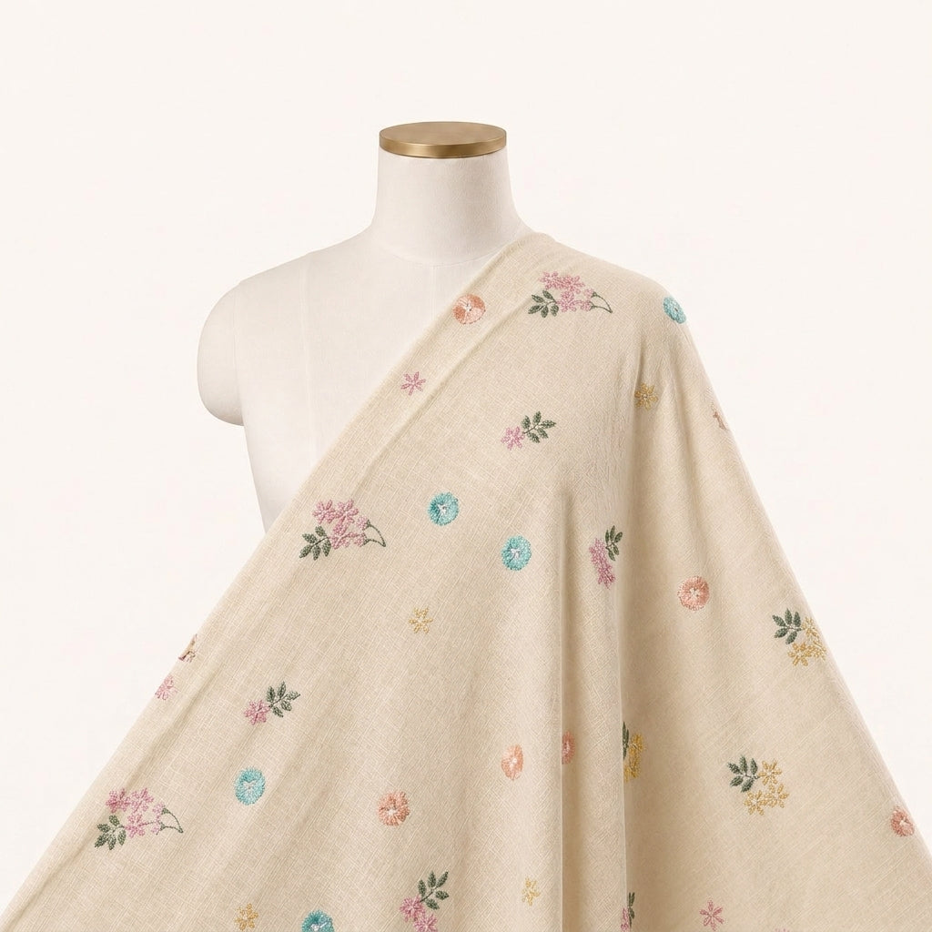 Embroidery Cream Embroidery Linen Fabric Draped as a saree