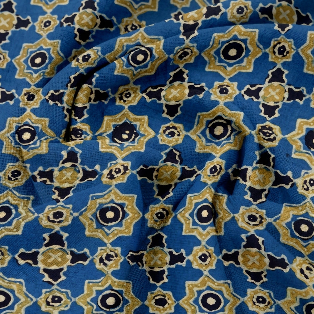 Swirled Ajrakh Blue Ajrakh Modal Silk Fabric