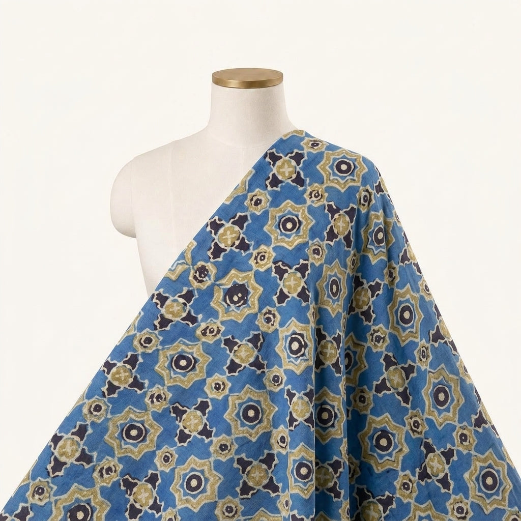 Ajrakh Blue Ajrakh Modal Silk Fabric Draped as a saree