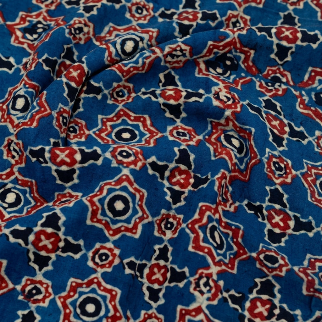Swirled Ajrakh Blue Ajrakh Modal Silk Fabric