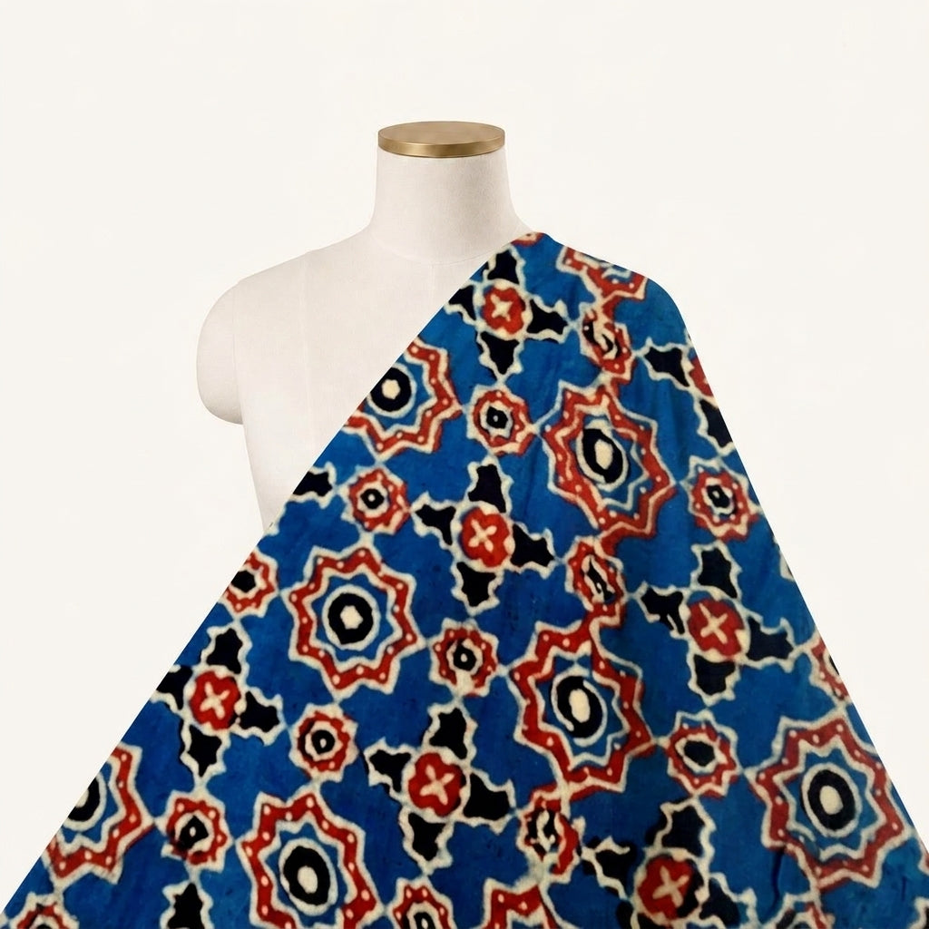 Ajrakh Blue Ajrakh Modal Silk Fabric Draped as a saree
