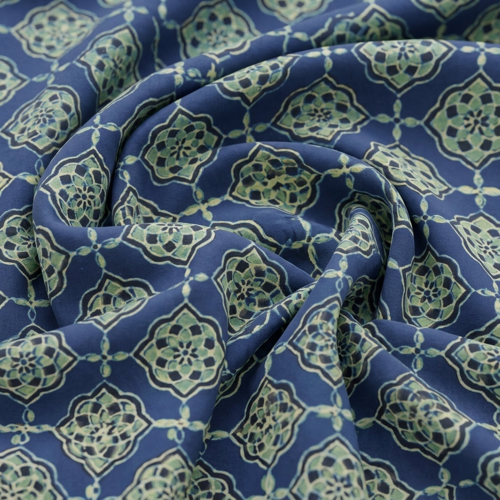 Swirled Ajrakh Blue Ajrakh Modal Silk Fabric