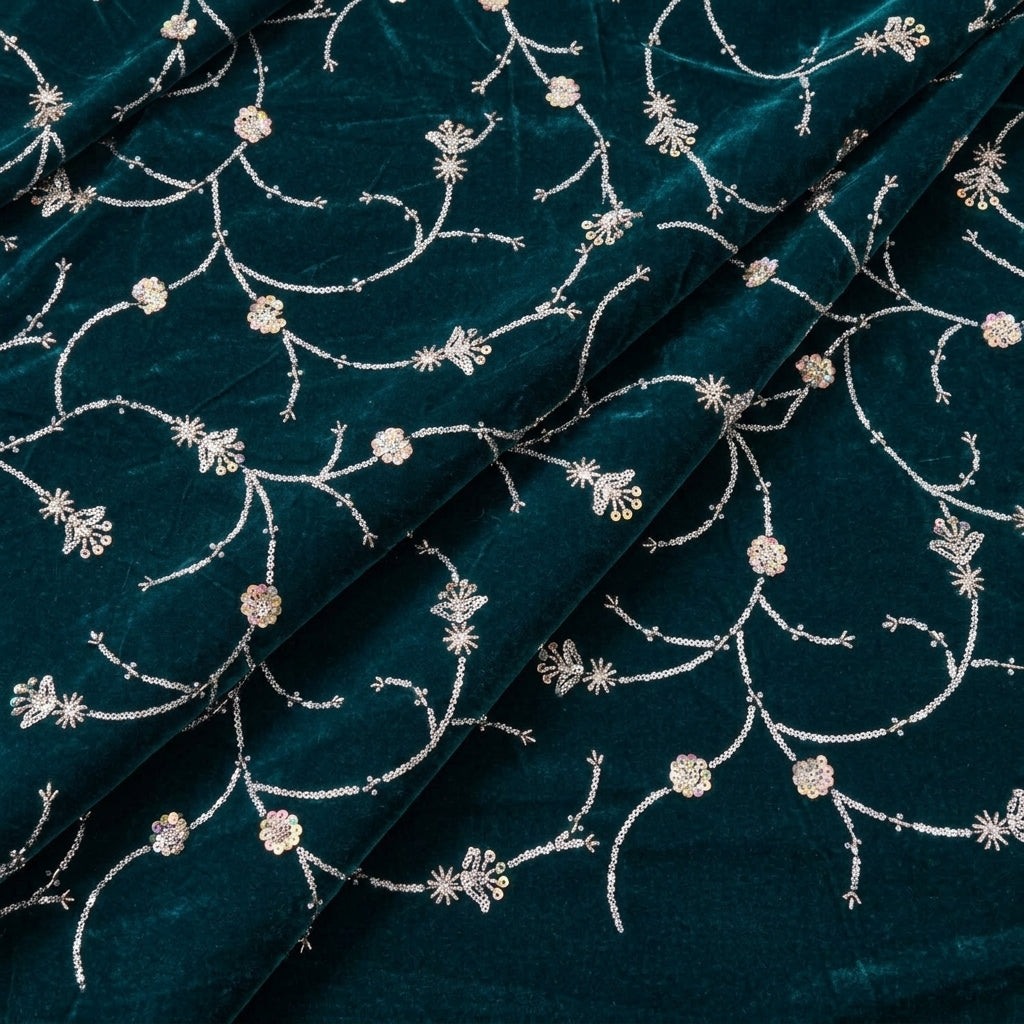 Folded Embroidery Green Embroidery Velvet Fabric
