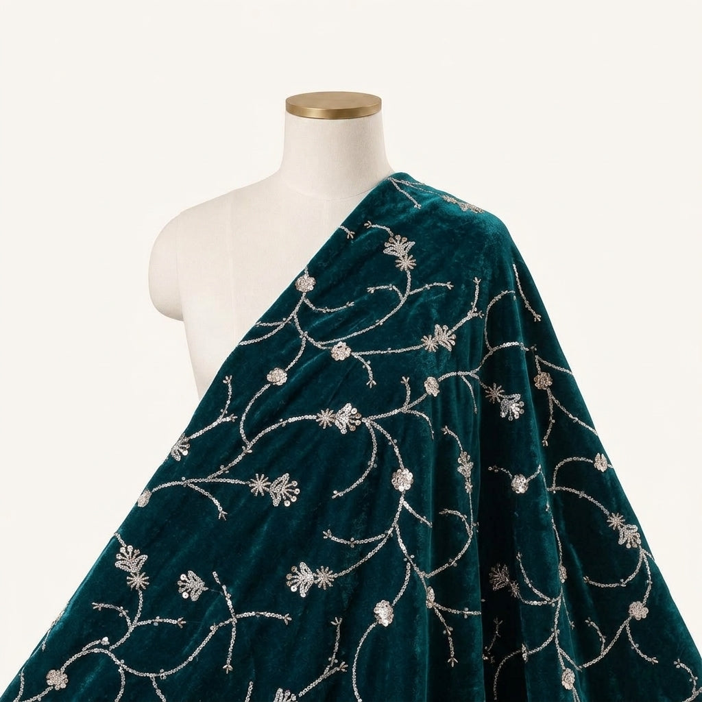 Embroidery Green Embroidery Velvet Fabric Draped as a saree