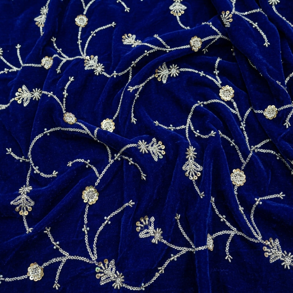 Swirled Embroidery Purple Embroidery Velvet Fabric