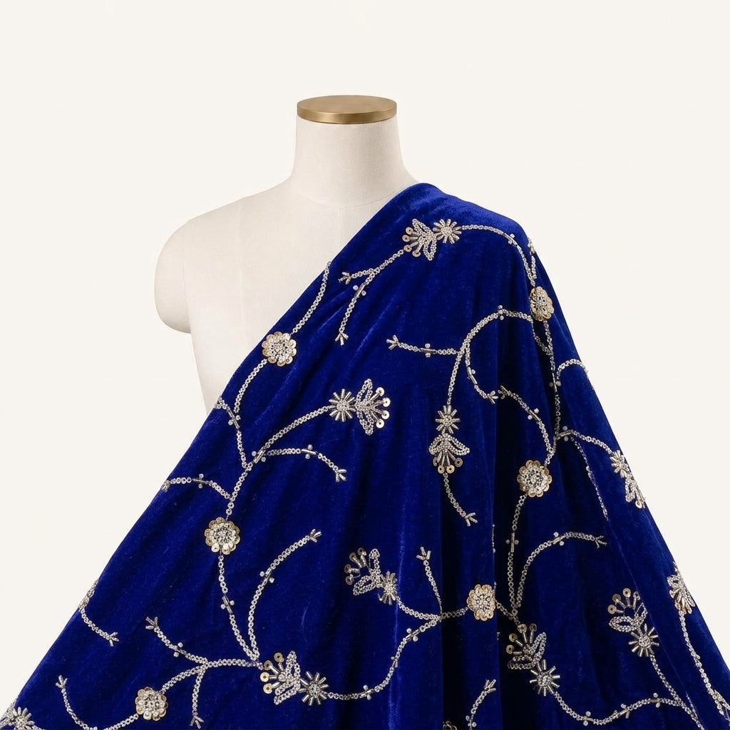 Embroidery Purple Embroidery Velvet Fabric Draped as a saree