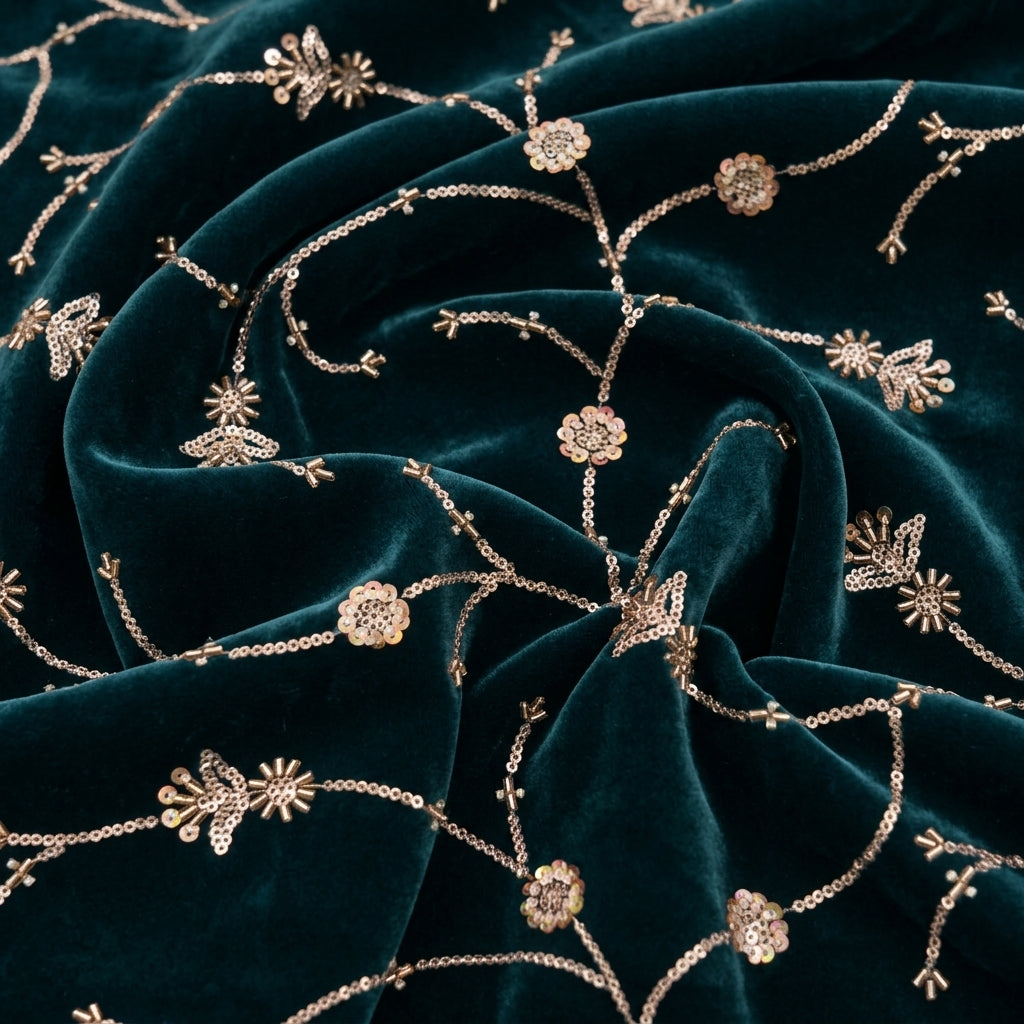 Swirled Embroider Green Embroider Velvet Fabric