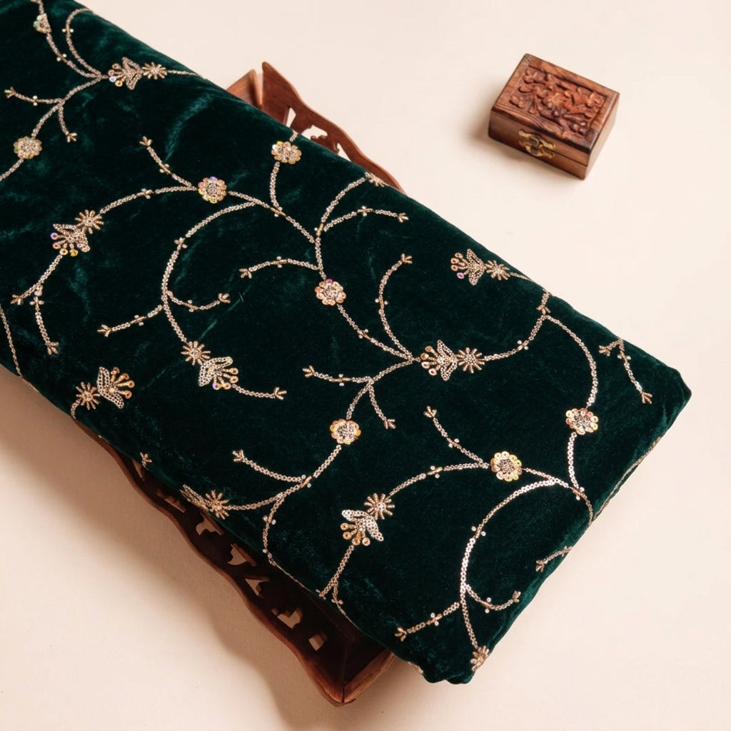 Embroider Green Embroider Velvet Fabric on a wooden tray