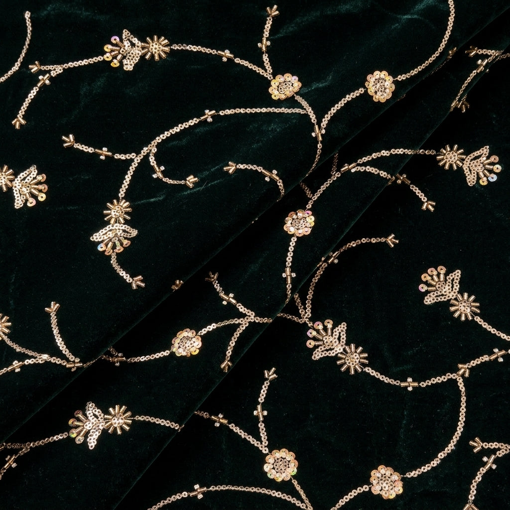 Folded Embroider Green Embroider Velvet Fabric