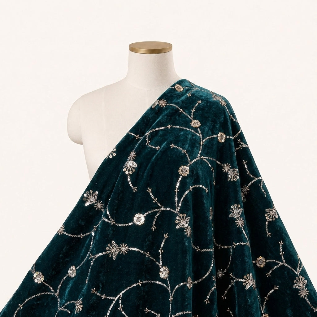Embroider Green Embroider Velvet Fabric Draped as a saree