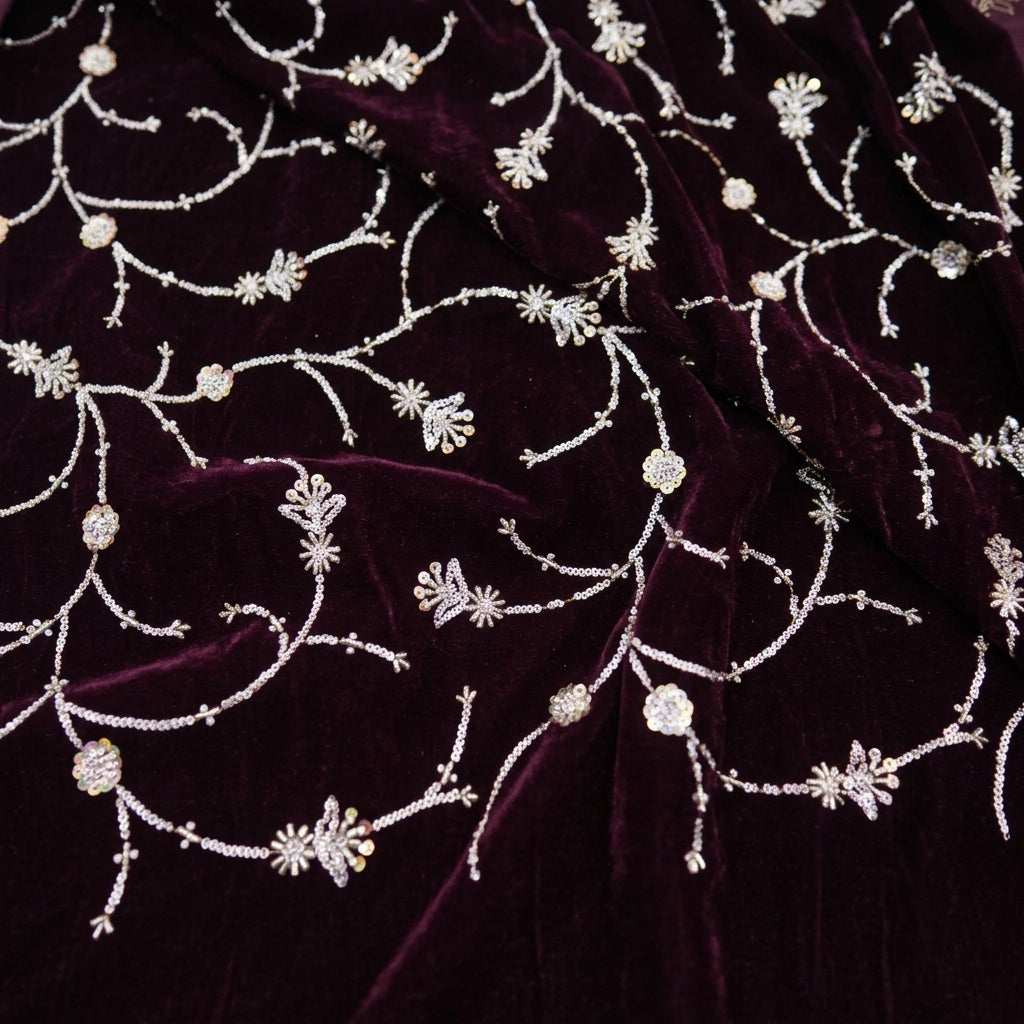 Swirled Embroidery Wine Embroidery Velvet Fabric
