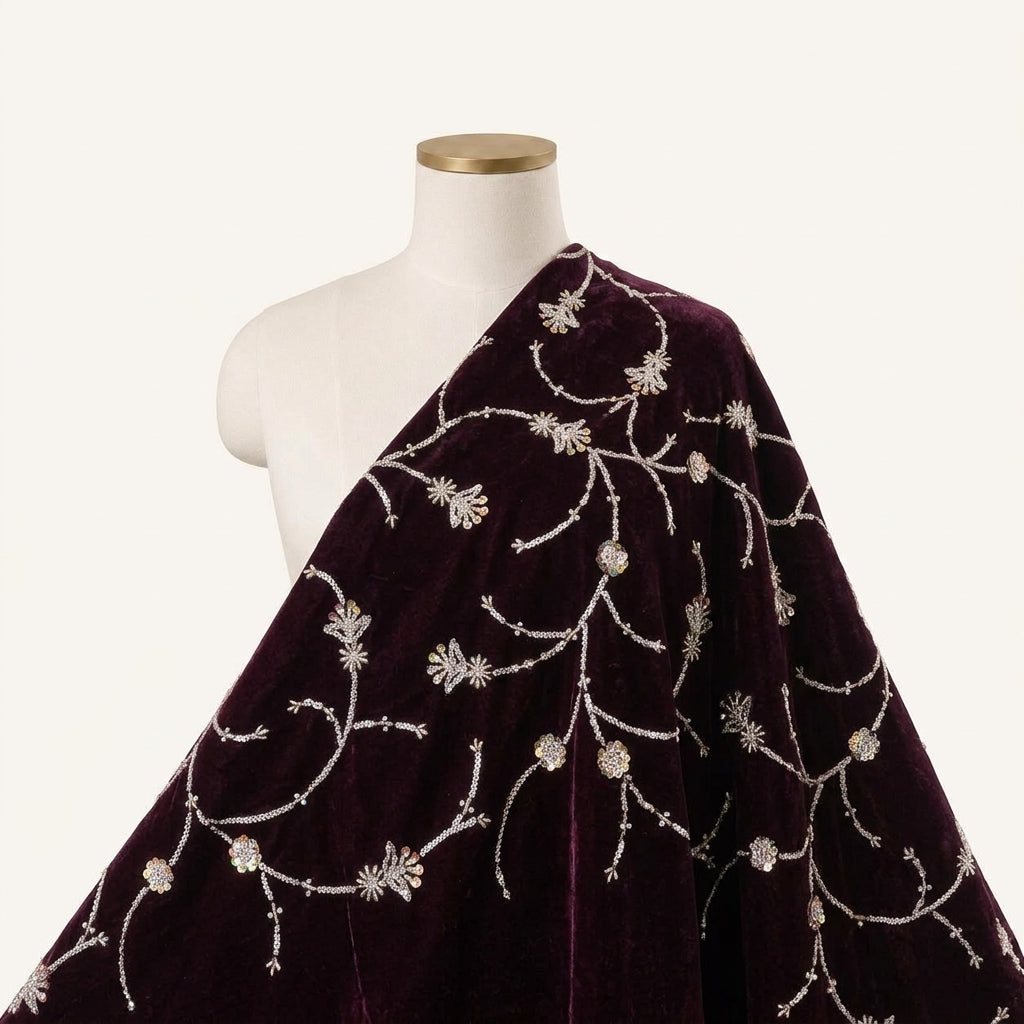 Embroidery Wine Embroidery Velvet Fabric Draped as a saree