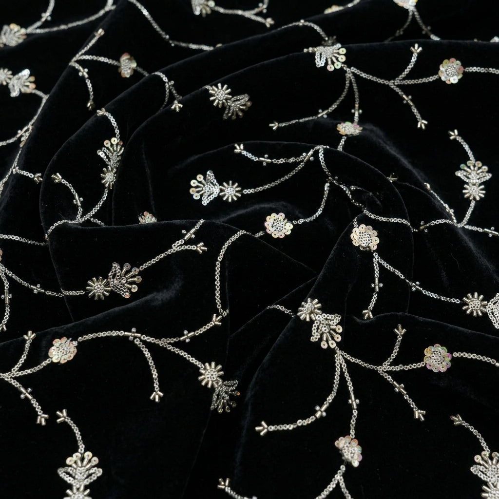 Swirled Embroider Black Embroider Velvet Fabric