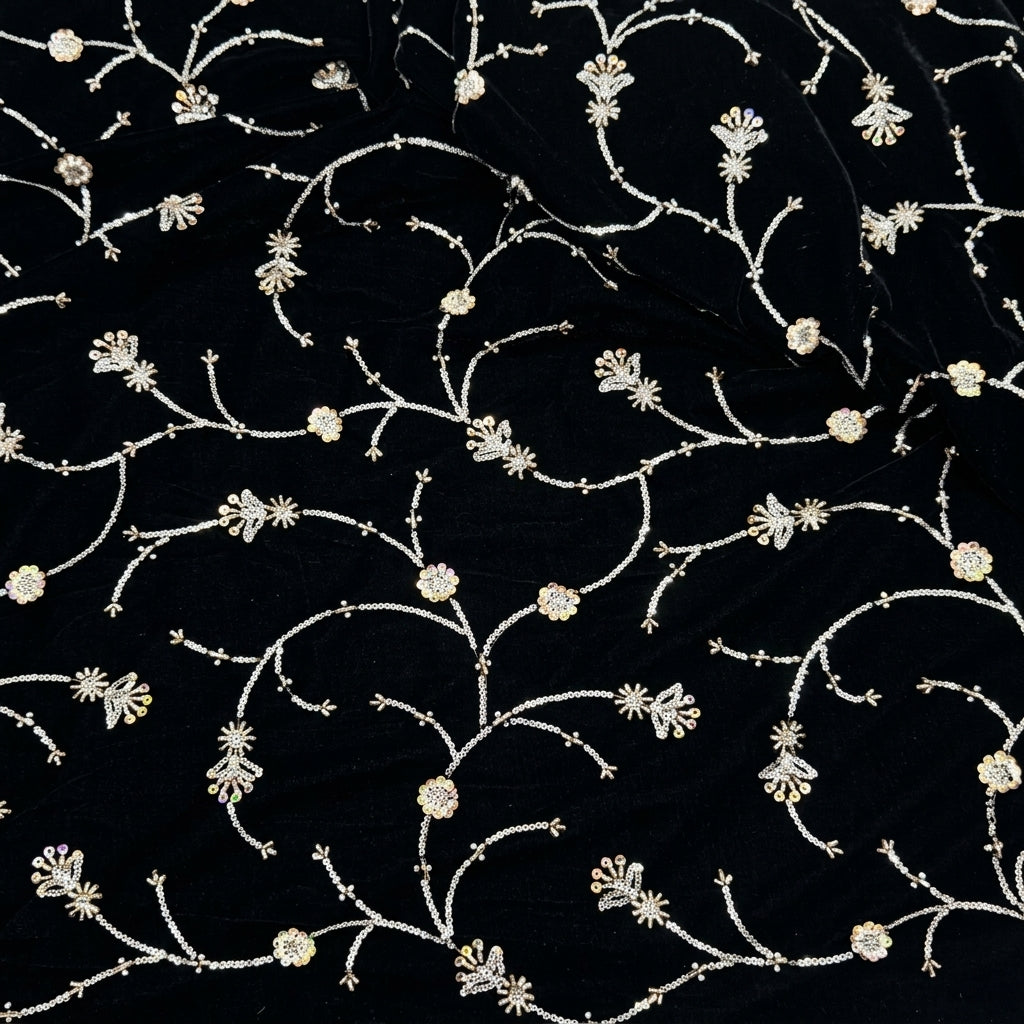 Swirled Embroidery Black Embroidery Velvet Fabric