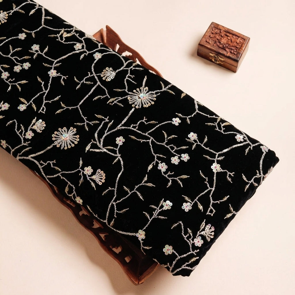 Embroider Black Embroider Velvet Fabric on a wooden tray