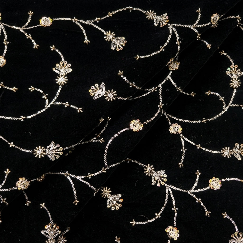 Folded Embroider Black Embroider Velvet Fabric