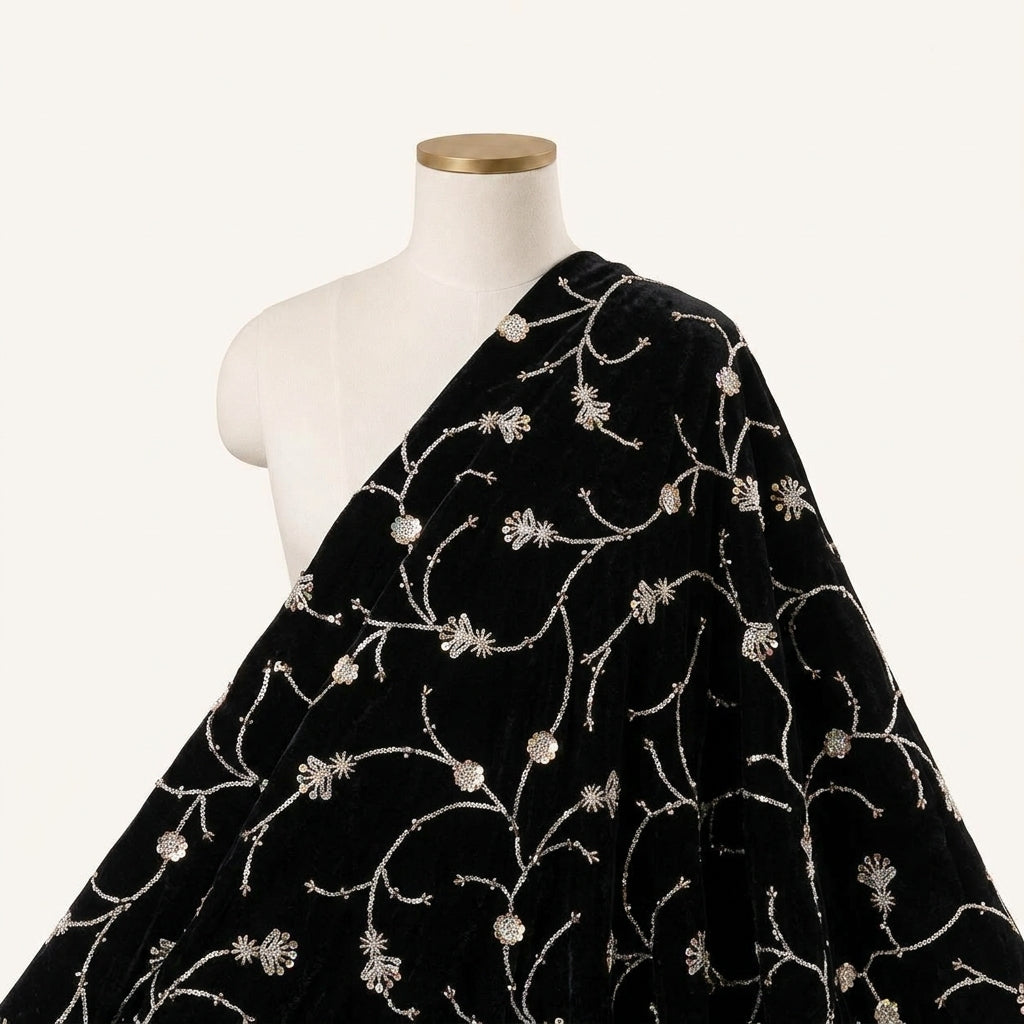 Embroidery Black Embroidery Velvet Fabric Draped as a saree