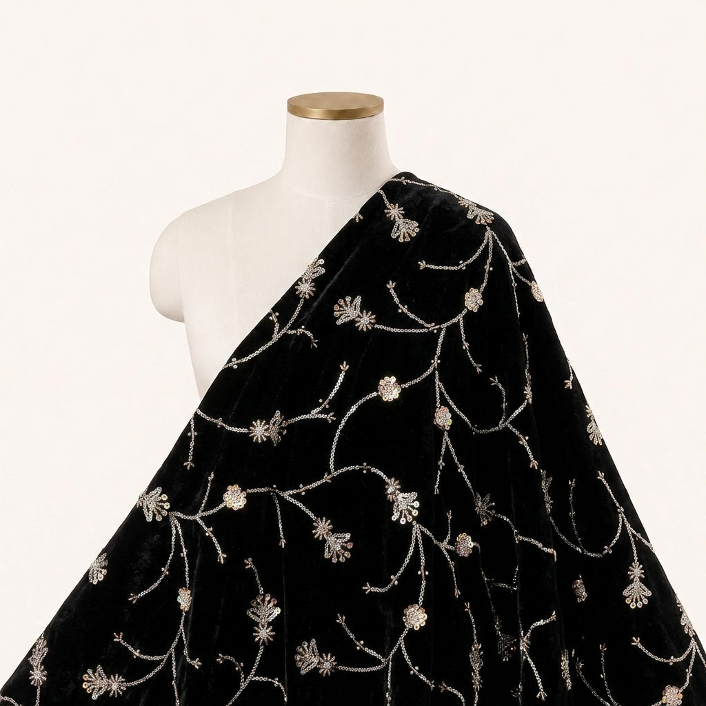 Embroider Black Embroider Velvet Fabric Draped as a saree