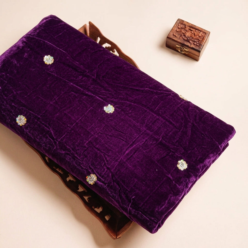 Embroider Violet Embroider Velvet Fabric on a wooden tray