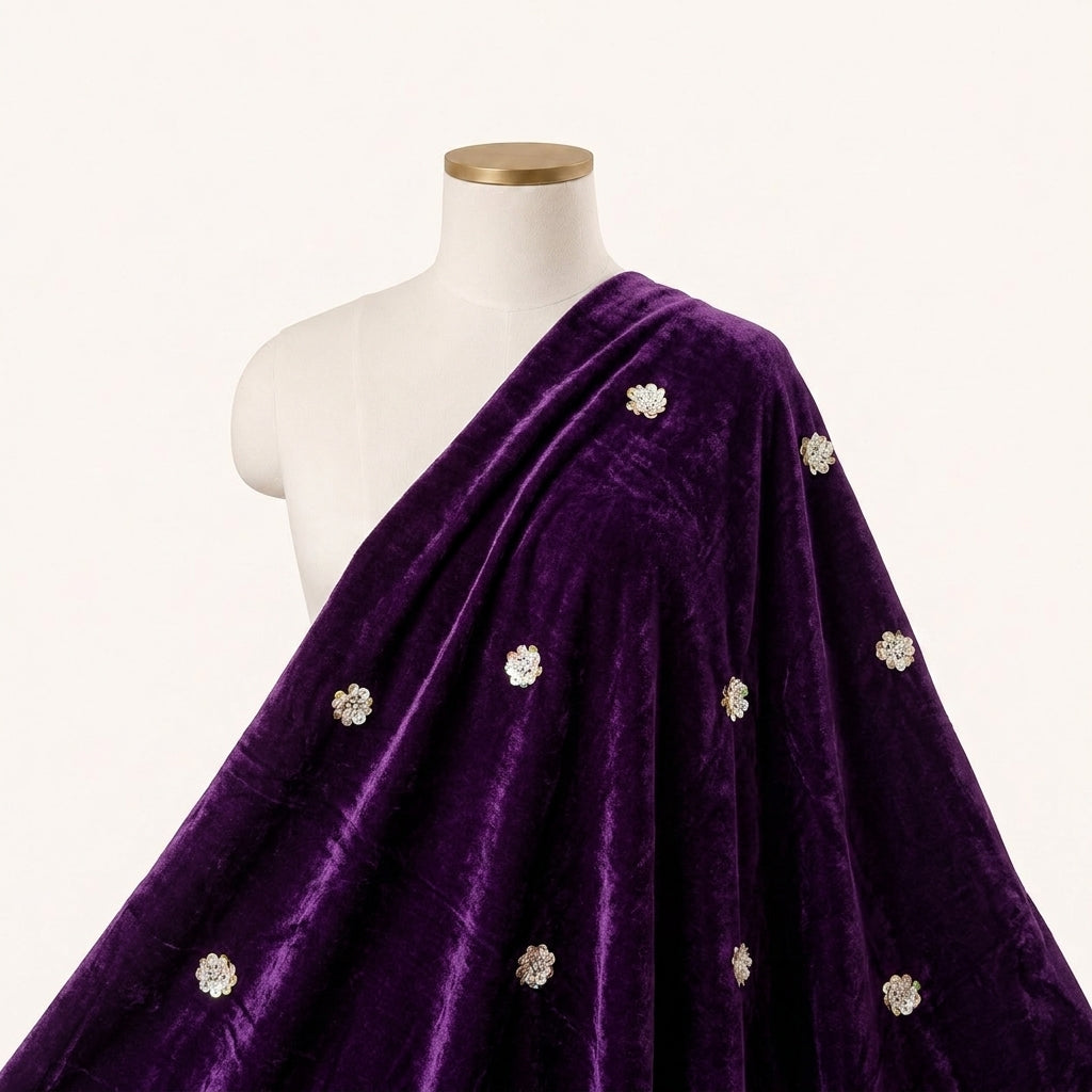 Embroider Violet Embroider Velvet Fabric Draped as a saree