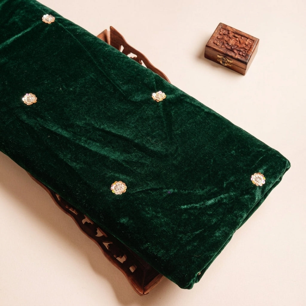 Embroider Green Embroider Velvet Fabric on a wooden tray