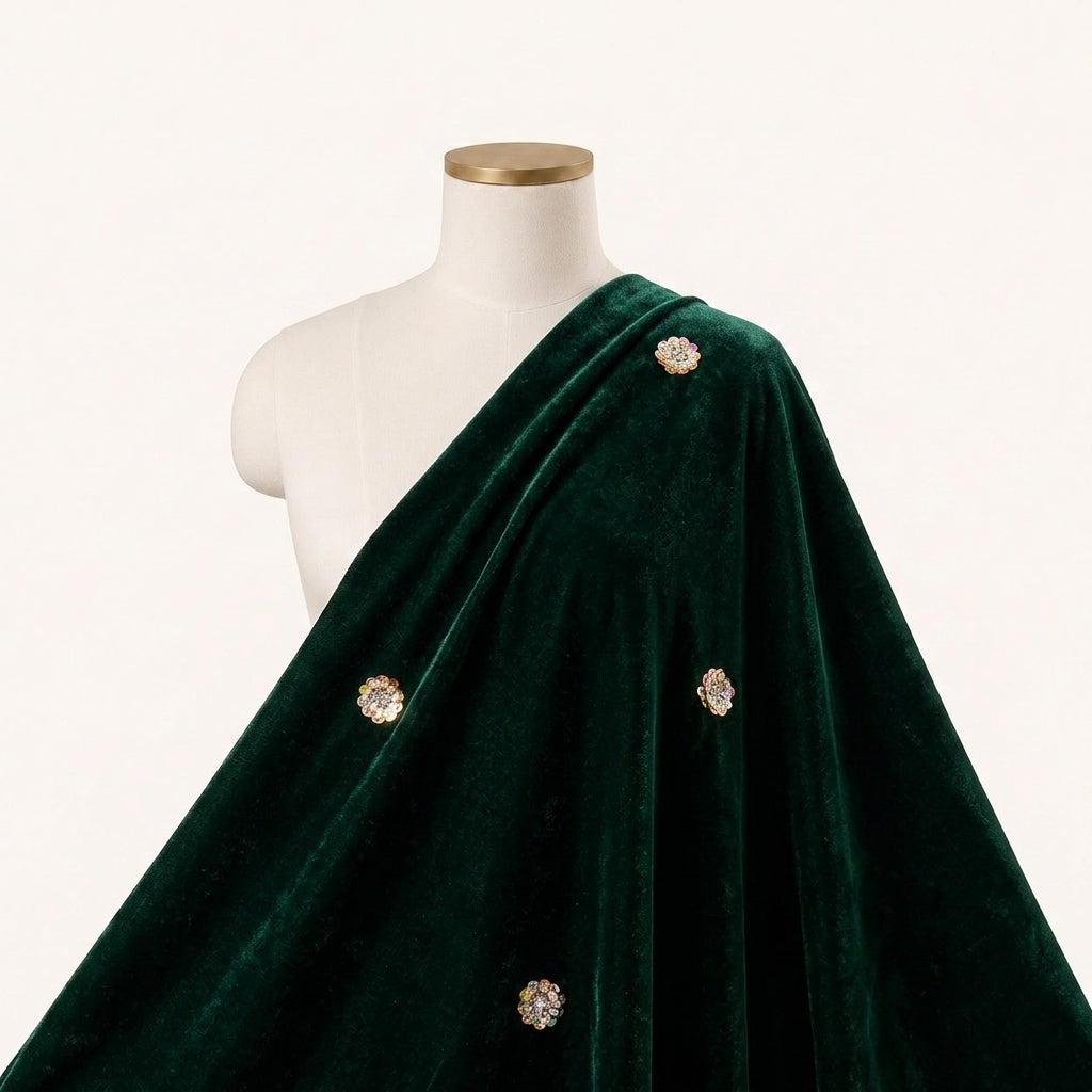 Embroider Green Embroider Velvet Fabric Draped as a saree