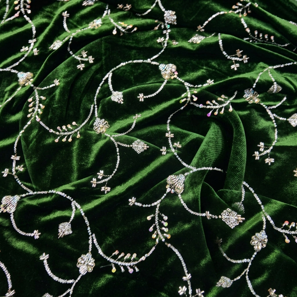 Swirled Embroidery Green Embroidery Velvet Fabric