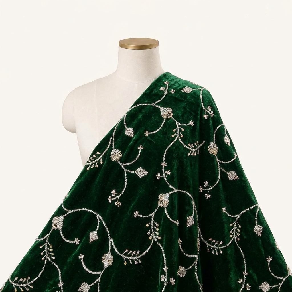 Embroidery Green Embroidery Velvet Fabric Draped as a saree