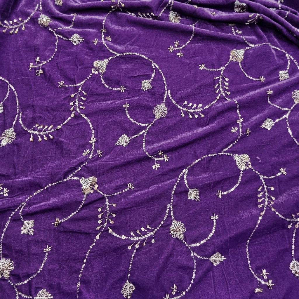 Swirled Embroidery Violet Embroidery Velvet Fabric
