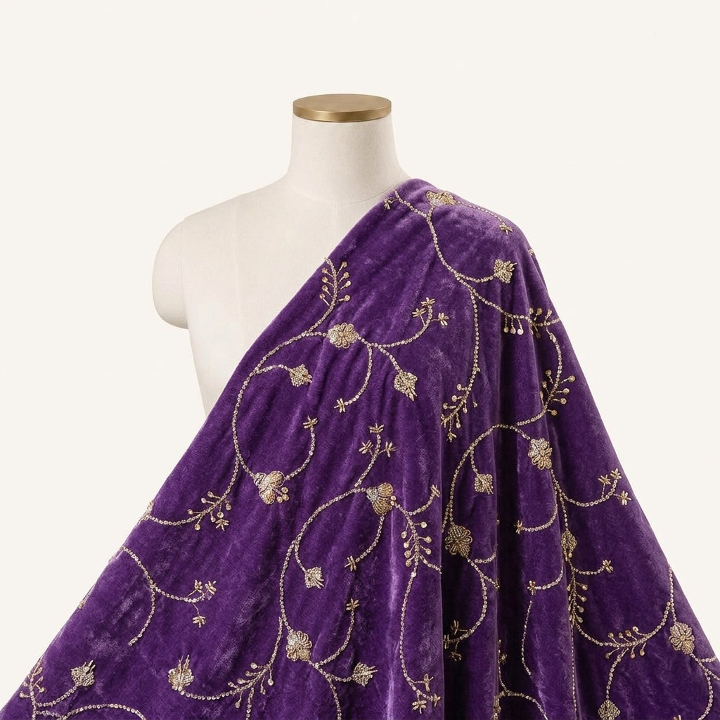 Embroidery Violet Embroidery Velvet Fabric Draped as a saree