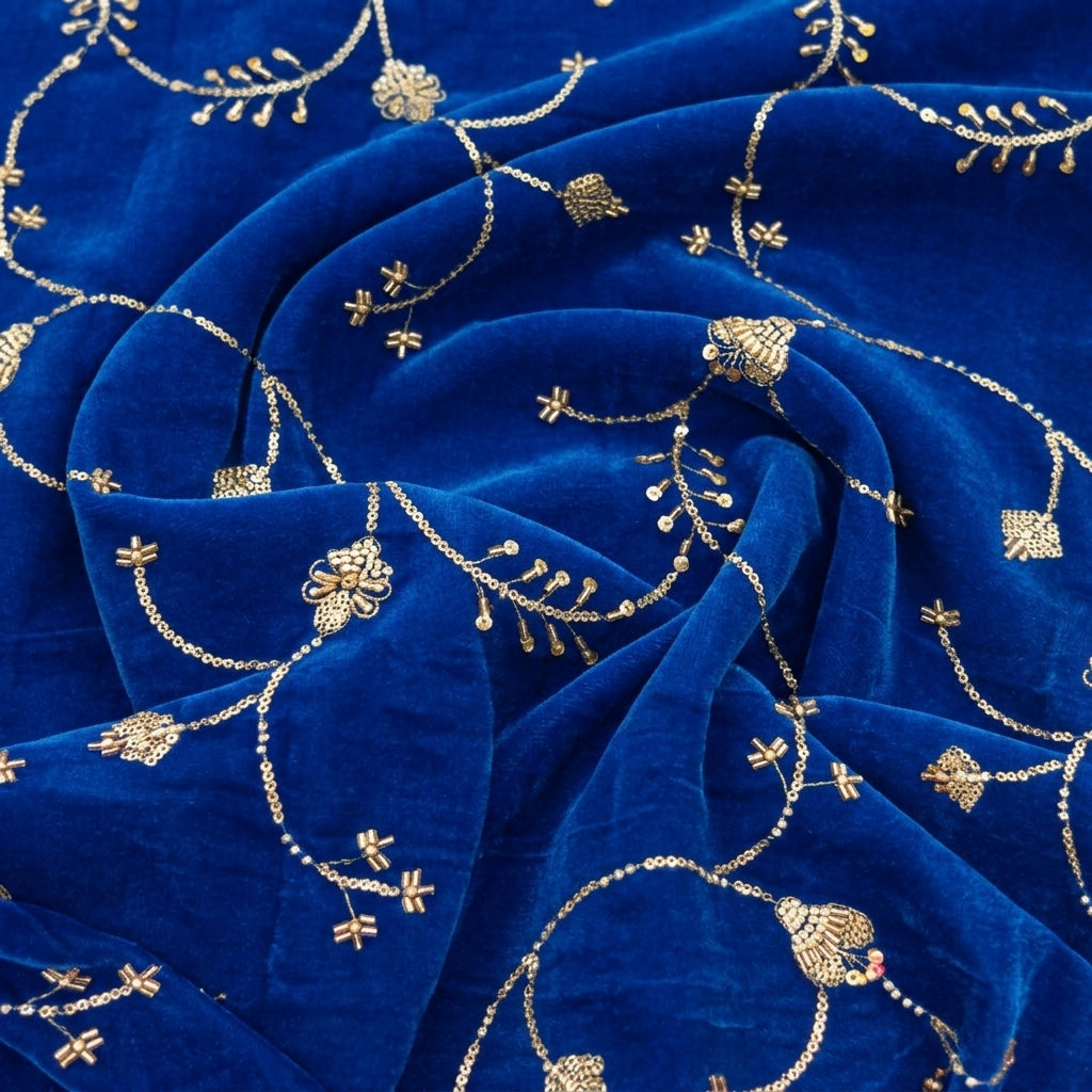 Swirled Embroider Blue Embroider Velvet Fabric
