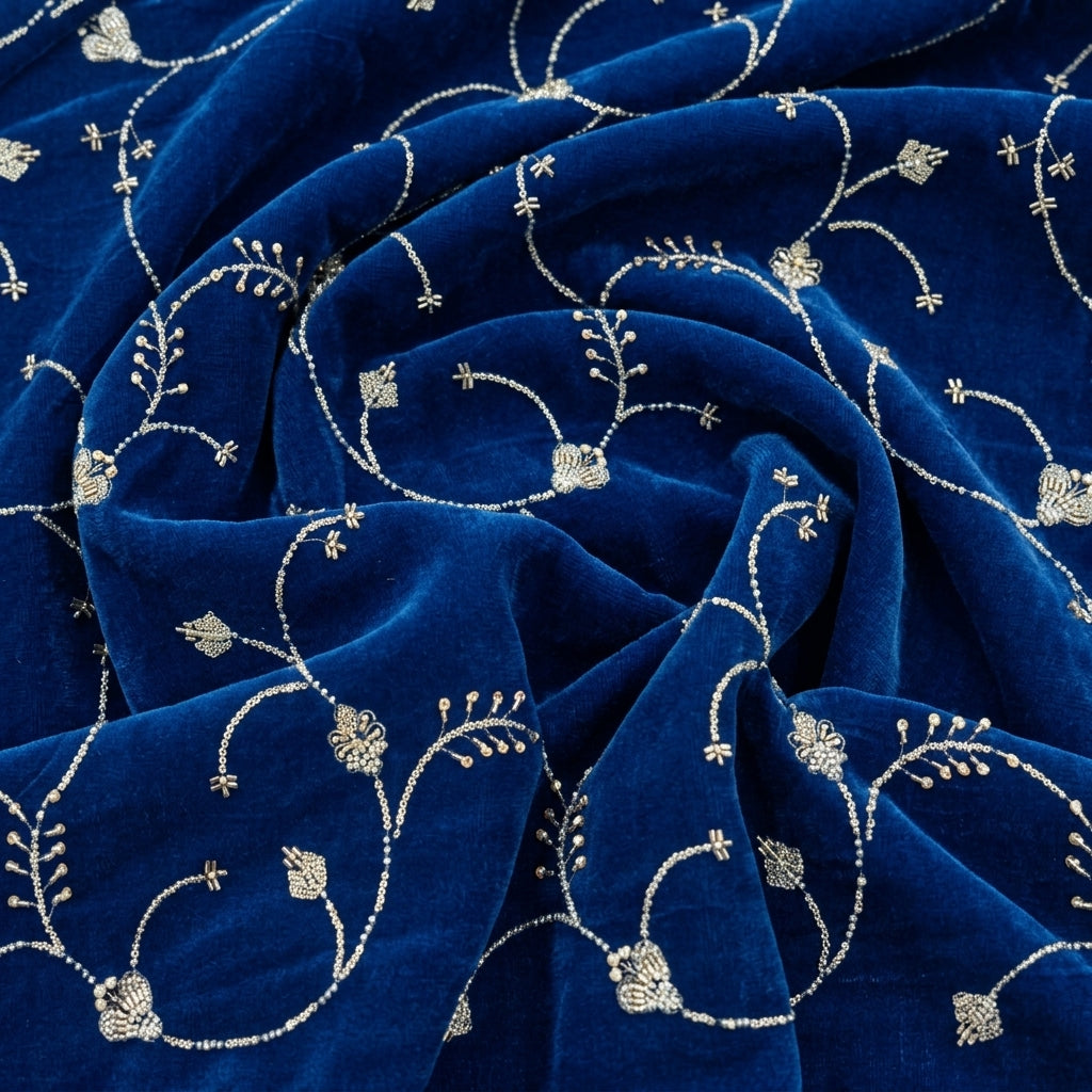 Swirled Embroidery Blue Embroidery Velvet Fabric