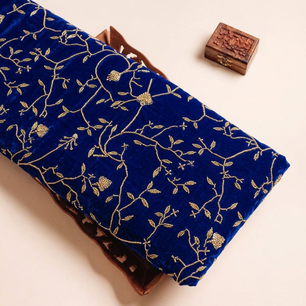 Embroider Blue Embroider Velvet Fabric on a wooden tray