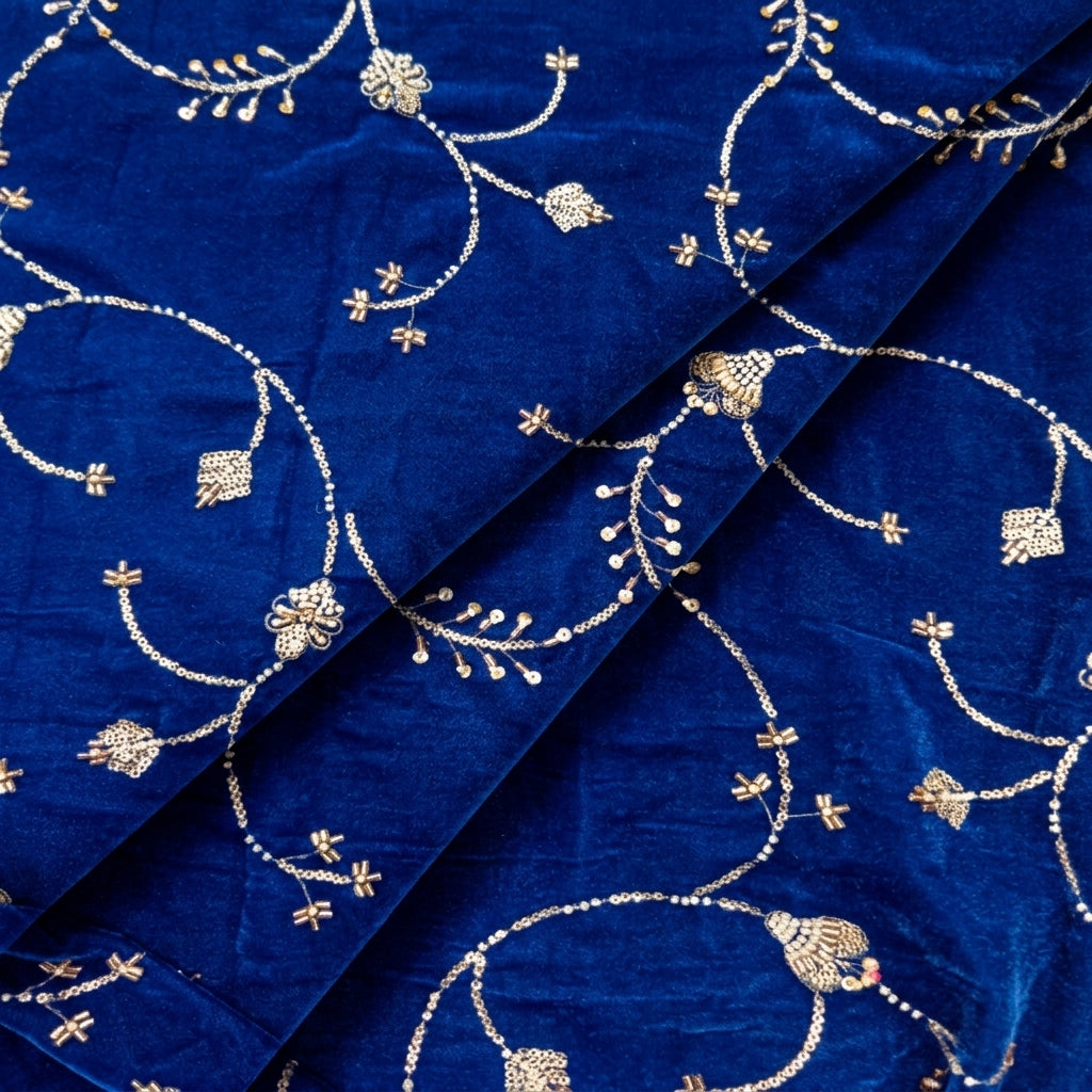 Folded Embroider Blue Embroider Velvet Fabric
