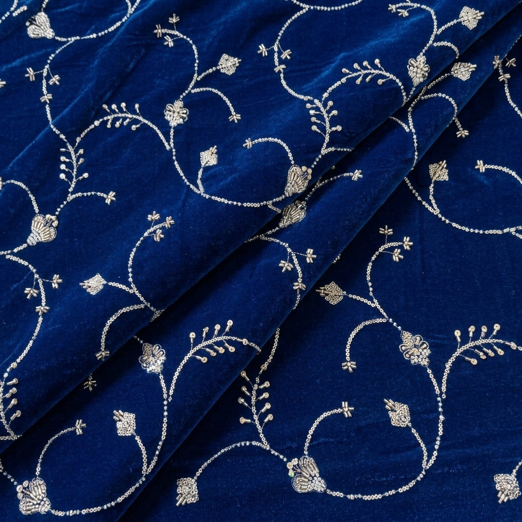 Folded Embroidery Blue Embroidery Velvet Fabric