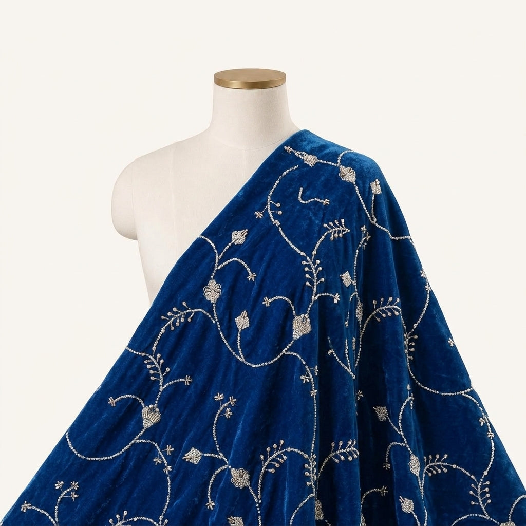 Embroidery Blue Embroidery Velvet Fabric Draped as a saree