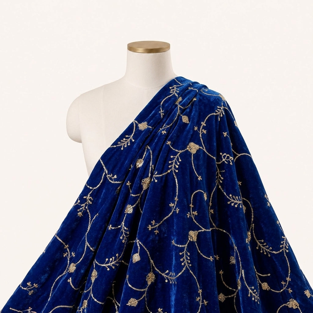 Embroider Blue Embroider Velvet Fabric Draped as a saree