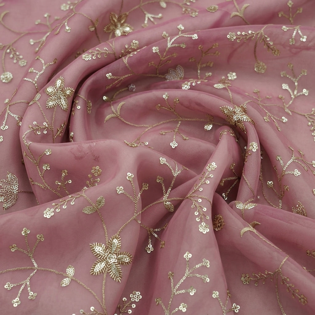 Swirled Embroidery Pink Embroidery Tissue Fabric