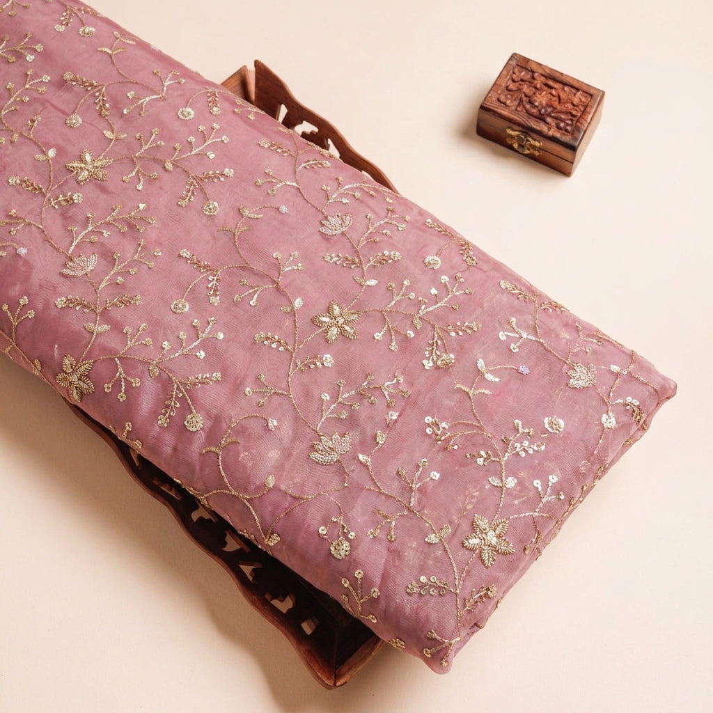 Embroidery Pink Embroidery Tissue Fabric on a wooden tray