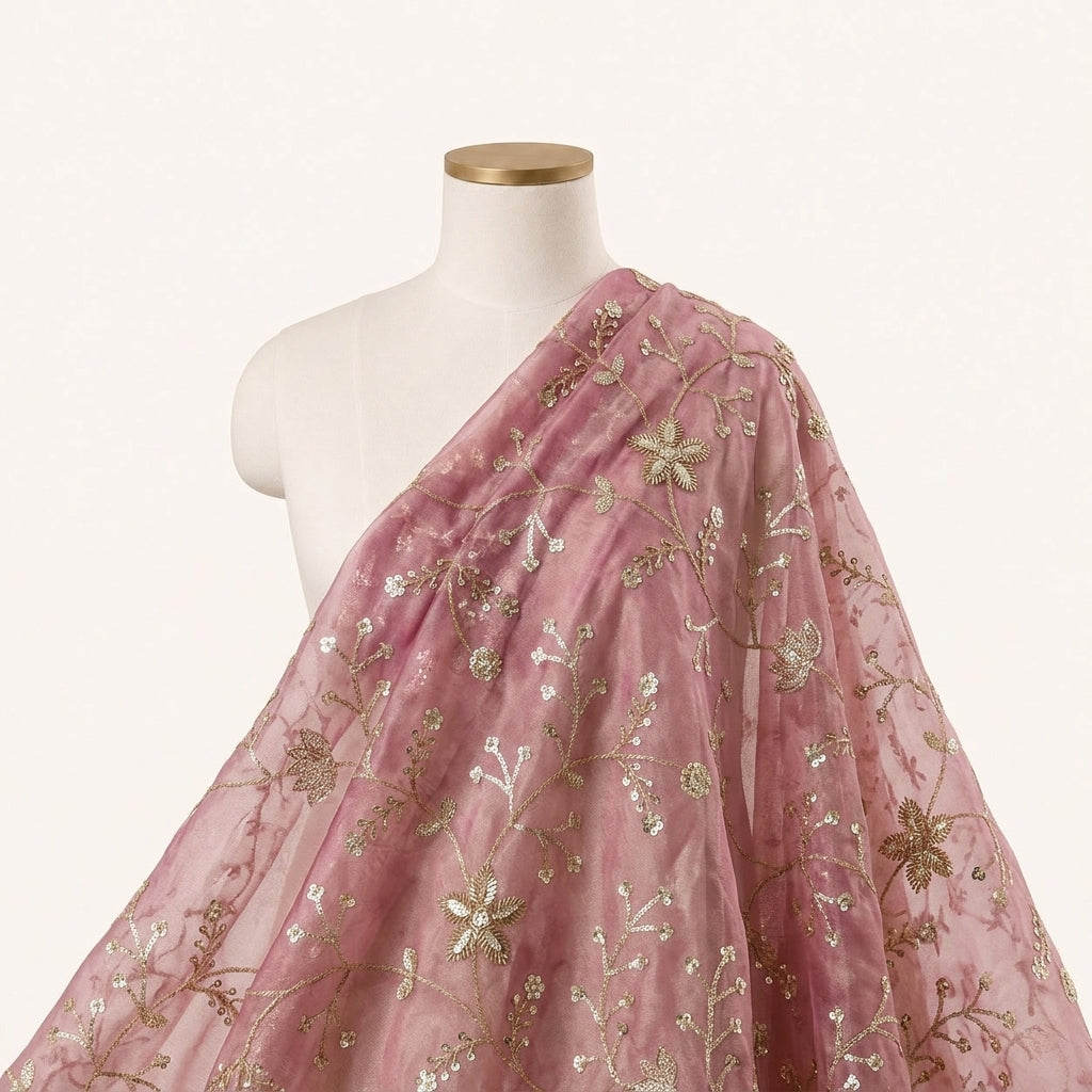 Embroidery Pink Embroidery Tissue Fabric Draped as a saree