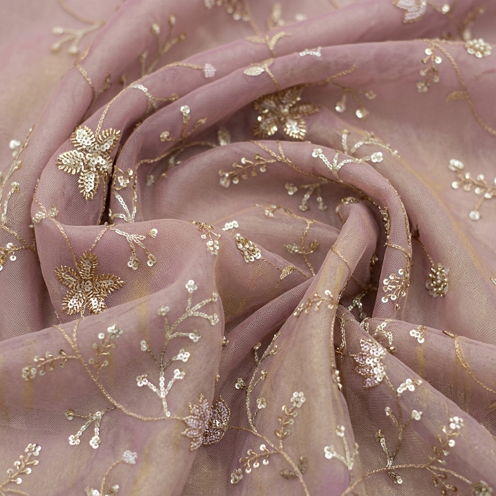 Swirled Embroidery Purple Gold Embroidery Tissue Fabric