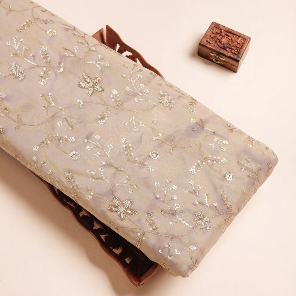 Embroidery Purple Gold Embroidery Tissue Fabric on a wooden tray