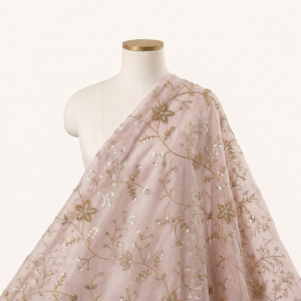 Embroidery Purple Gold Embroidery Tissue Fabric Draped as a saree