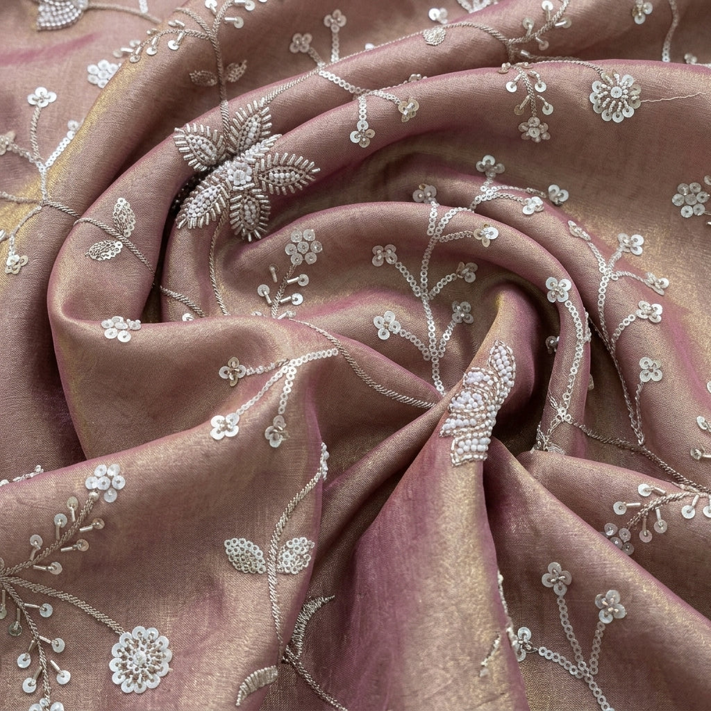 Swirled Embroidery Rose Gold Embroidery Tissue Fabric
