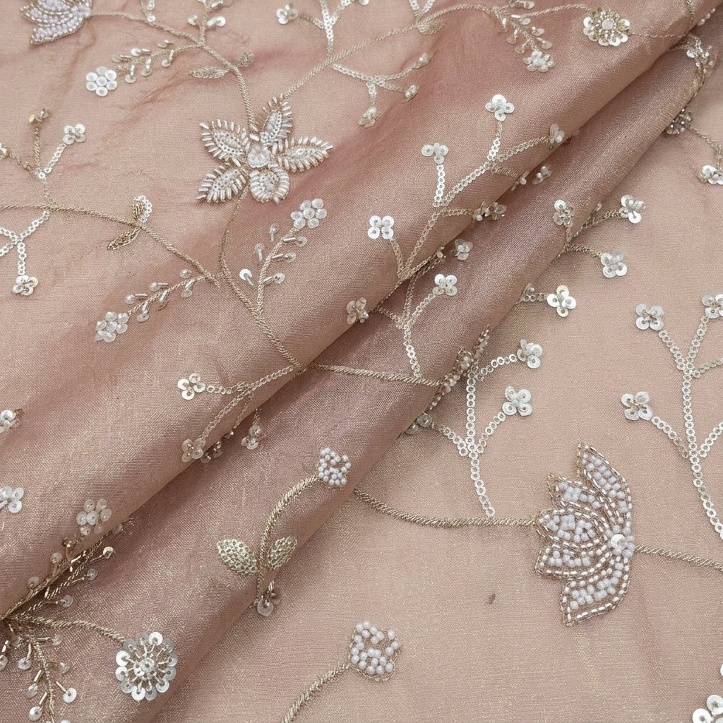 Folded Embroidery Rose Gold Embroidery Tissue Fabric