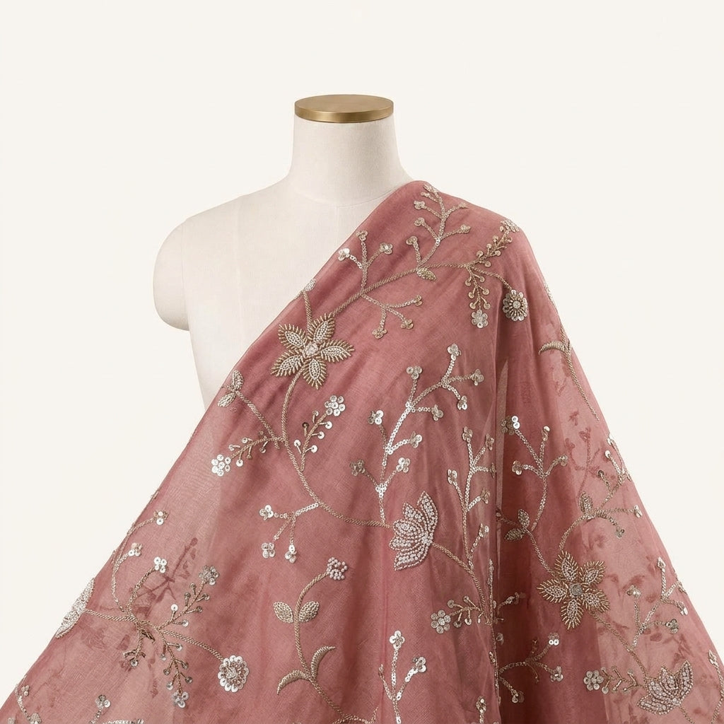 Embroidery Rose Gold Embroidery Tissue Fabric Draped as a saree