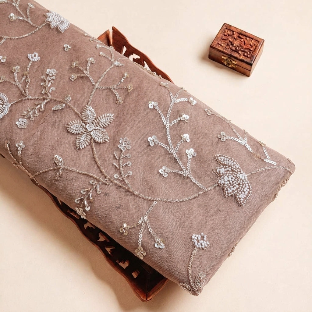 Folded Rose Gold Embroidery Tissue Fabric Highlighting Stone Sequin Floral and Texture
