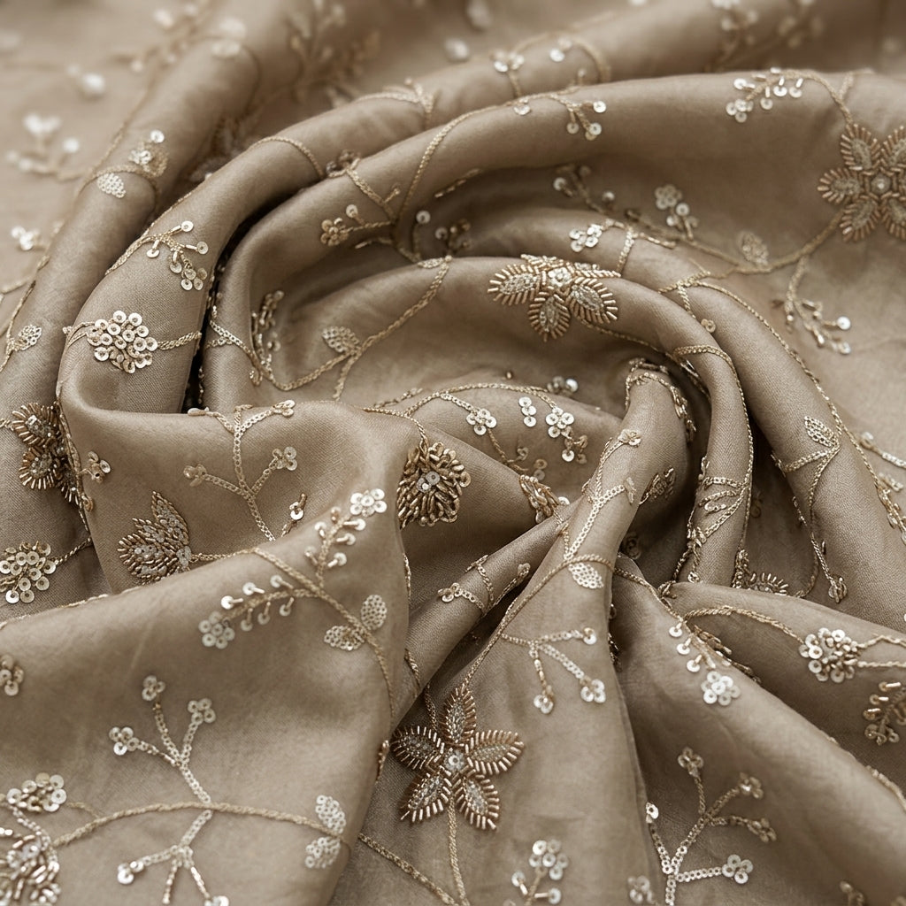 Swirled Embroidery Green Gold Embroidery Tissue Fabric