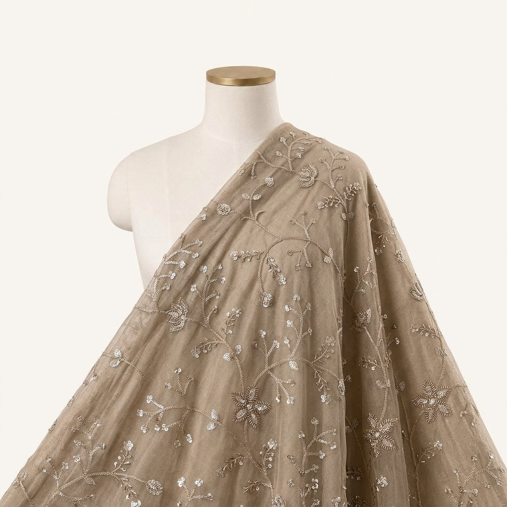 Embroidery Green Gold Embroidery Tissue Fabric Draped as a saree